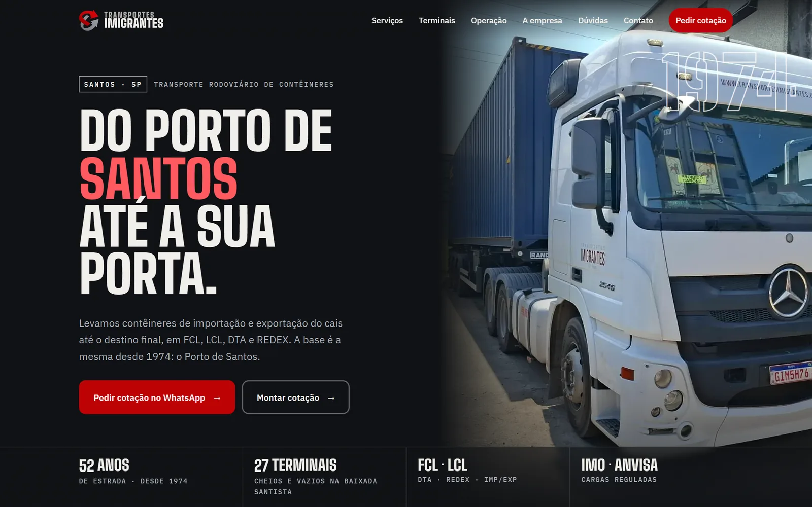 Topo do novo site da Transportes Imigrantes no computador, com um caminhão e o título “Do Porto de Santos até a sua porta”