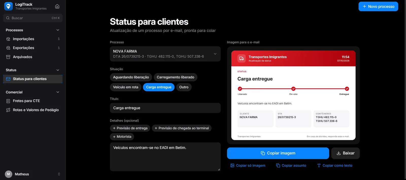 Tela de status para clientes do LogiTrack, com a imagem pronta para o e-mail