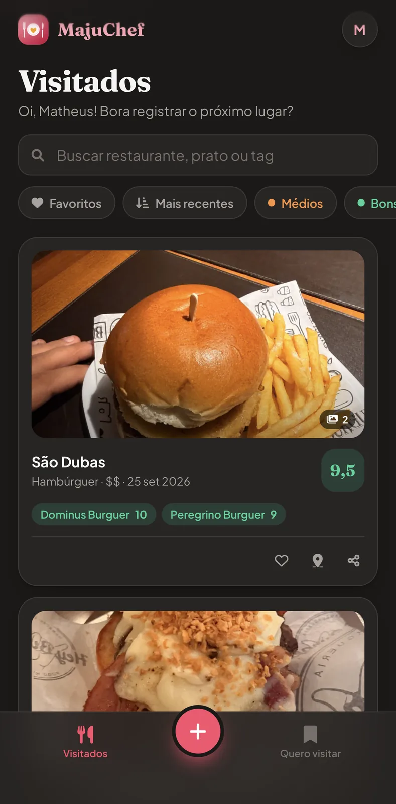 Tela de restaurantes visitados no MajuChef, com foto do prato e nota